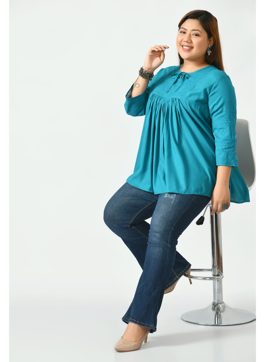 Teal Tie-Up Neck Top