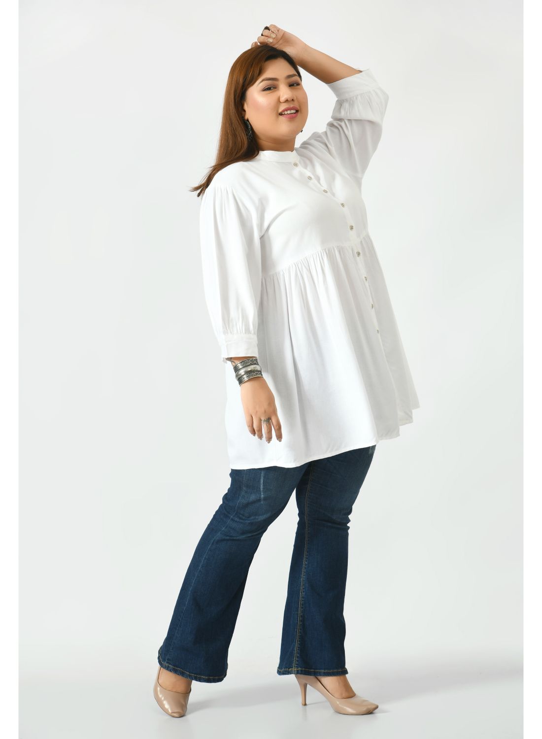 White Mandarin Collar Longline Top
