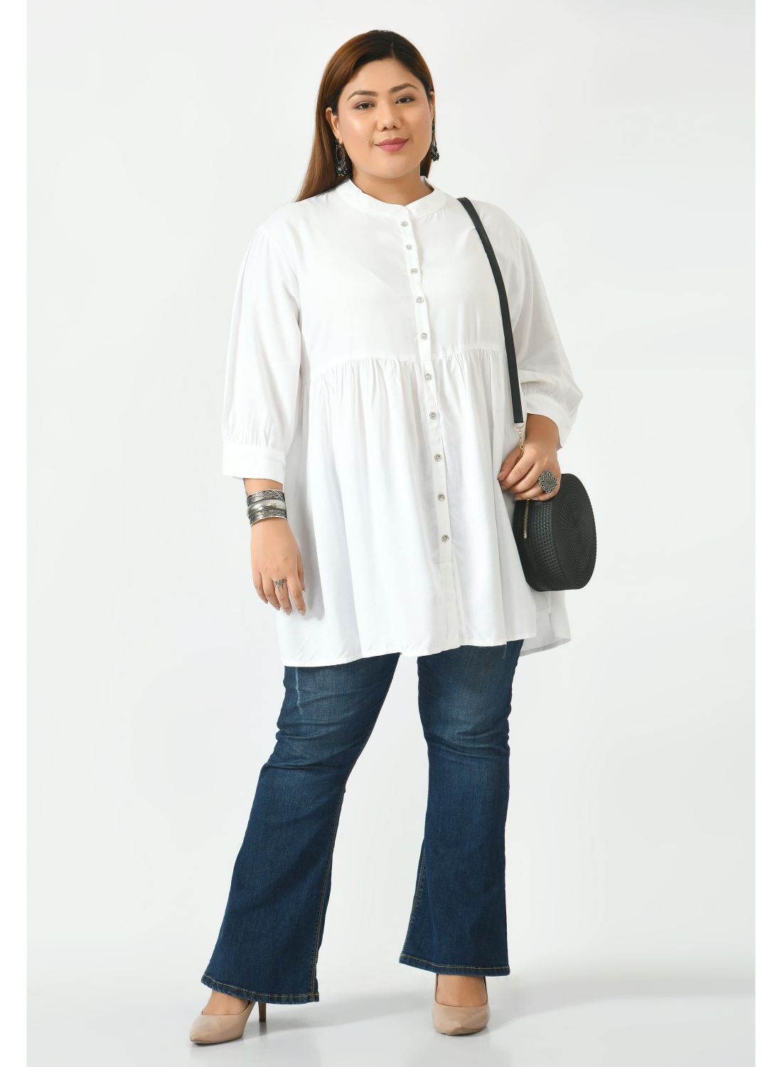 White Mandarin Collar Longline Top