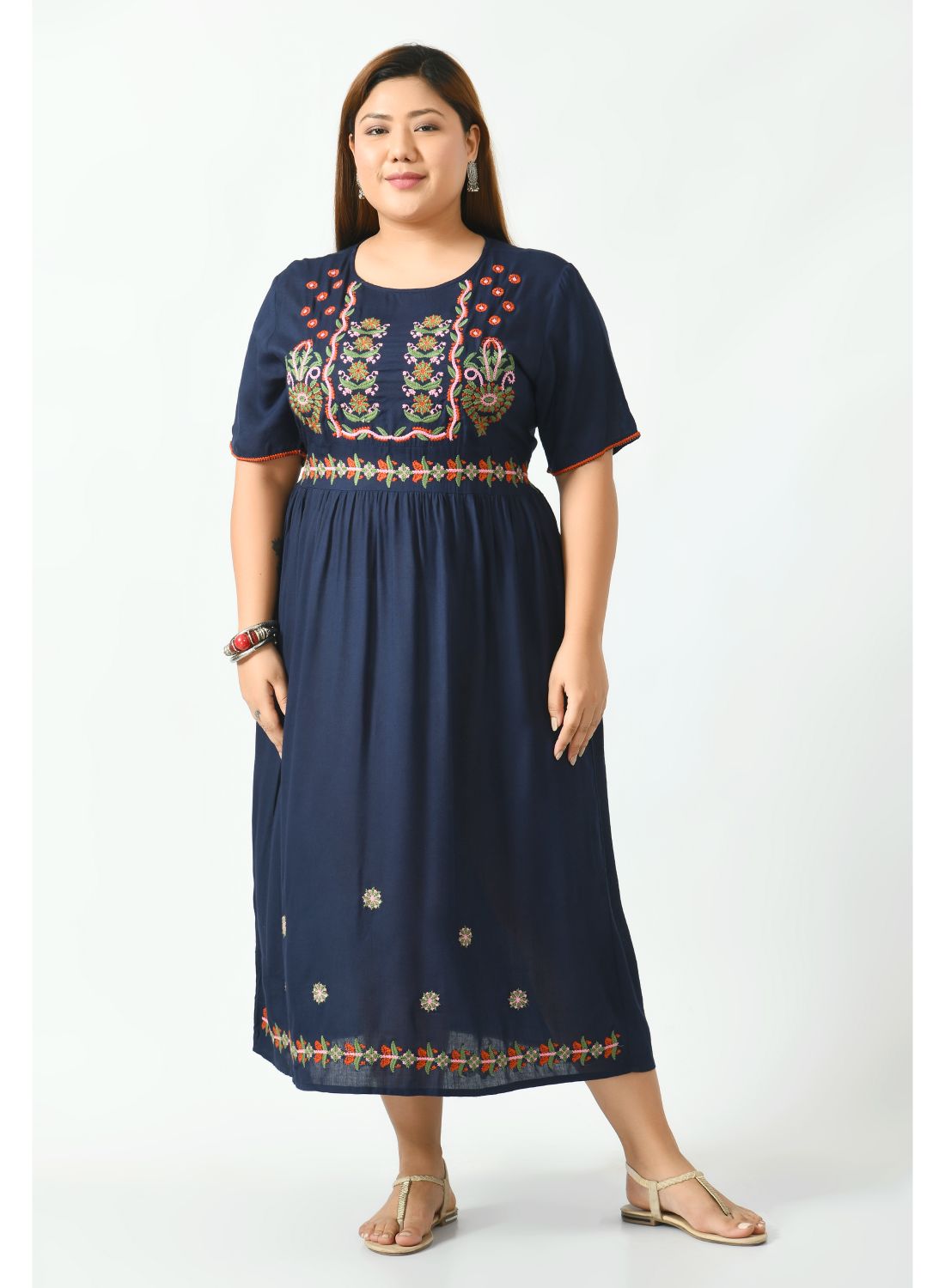 Blue Floral Embroidered Empire Midi Dress Plus Size