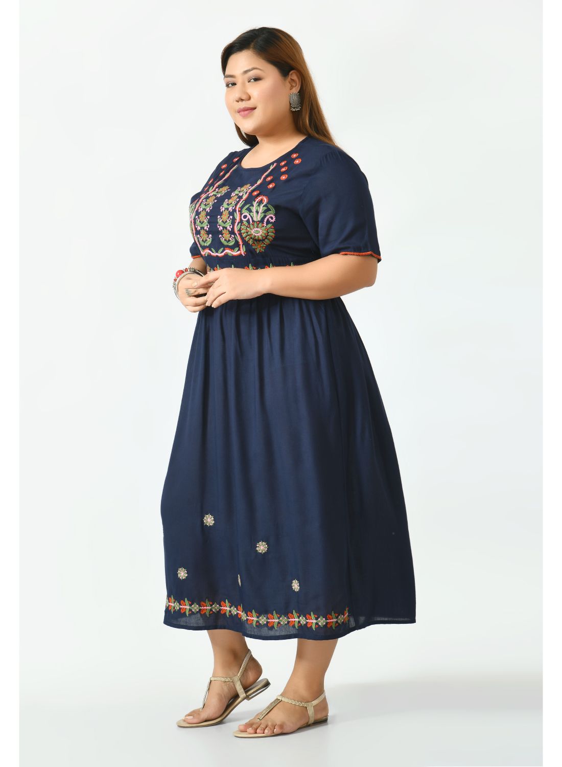 Blue Floral Embroidered Empire Midi Dress Plus Size