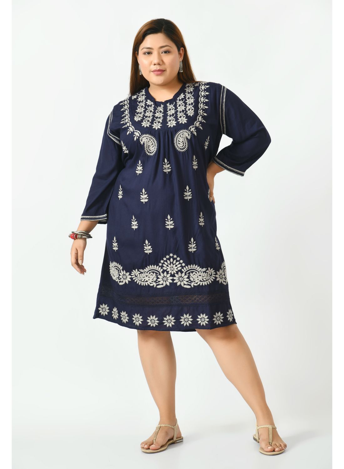 Navy Blue Ethnic Motifs Embroidered A-Line Dress Plus Size