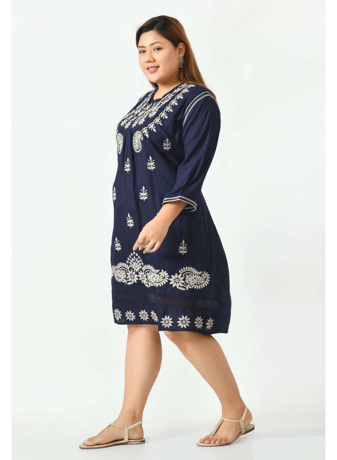 Navy Blue Ethnic Motifs Embroidered A-Line Dress Plus Size