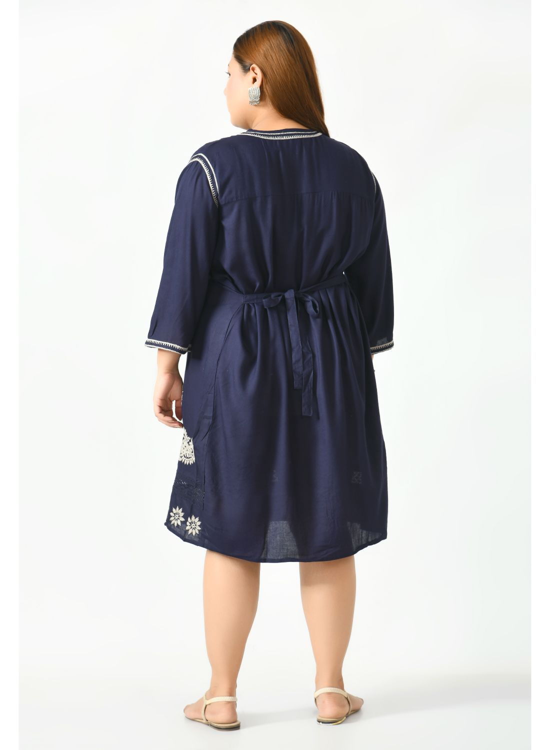 Navy Blue Ethnic Motifs Embroidered A-Line Dress Plus Size