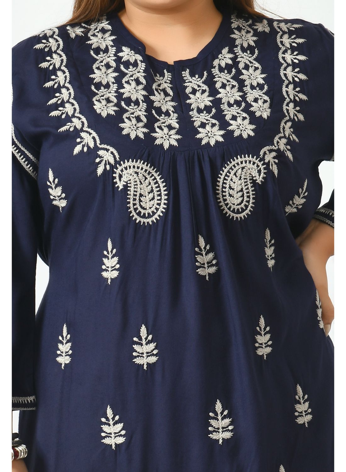 Navy Blue Ethnic Motifs Embroidered A-Line Dress Plus Size