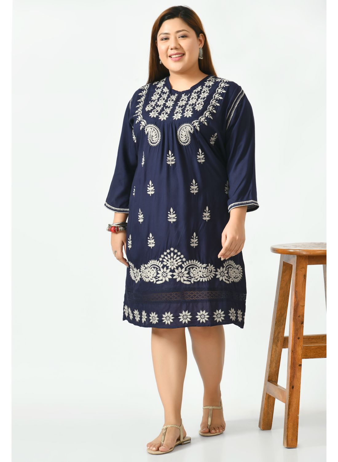 Navy Blue Ethnic Motifs Embroidered A-Line Dress Plus Size
