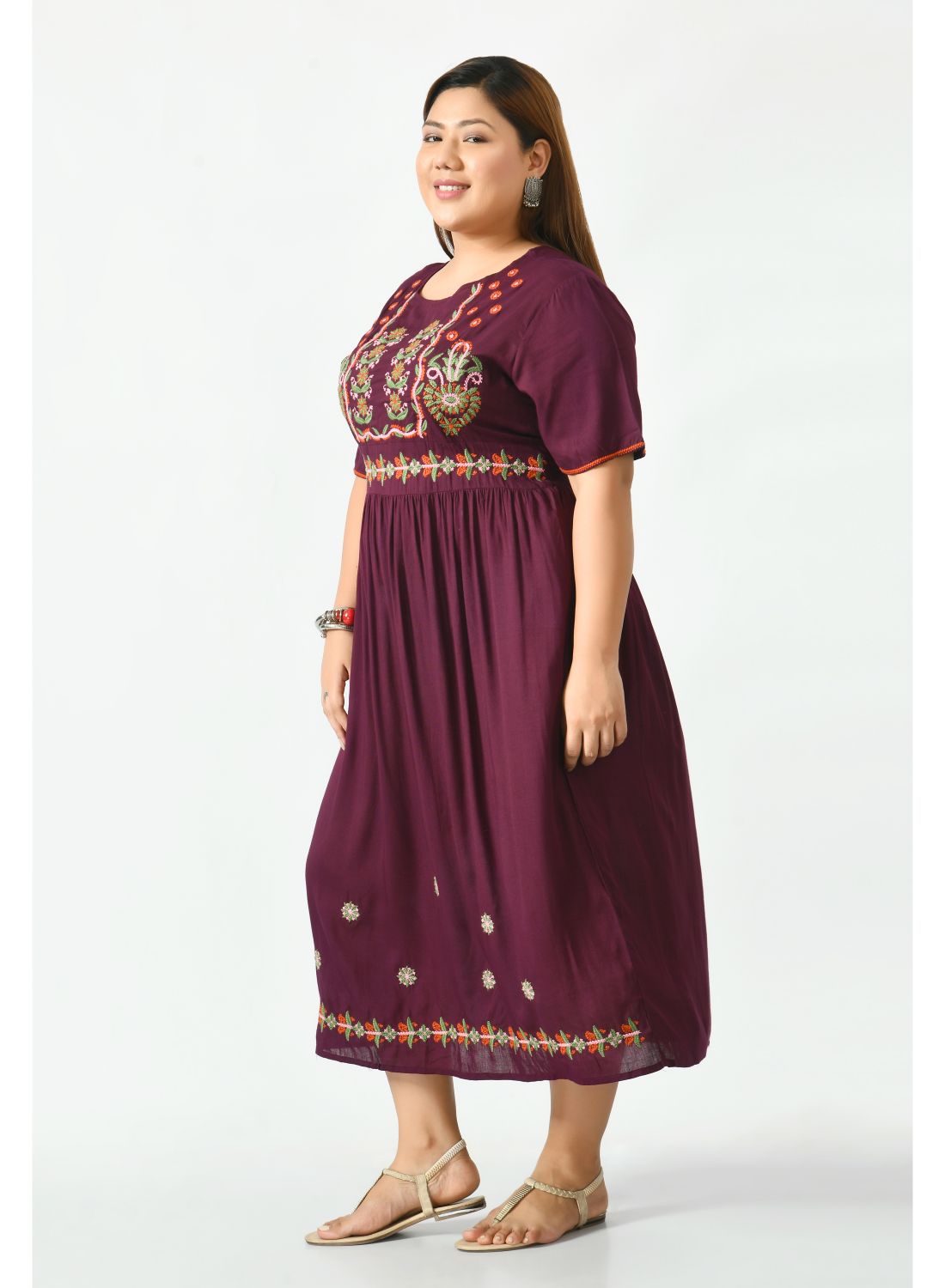 Brown Ethnic Motifs Embroidered A-Line Midi Dress Plus Size