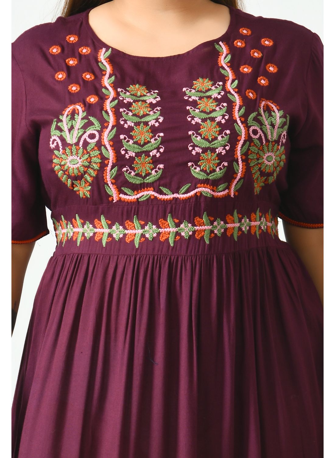 Brown Ethnic Motifs Embroidered A-Line Midi Dress Plus Size