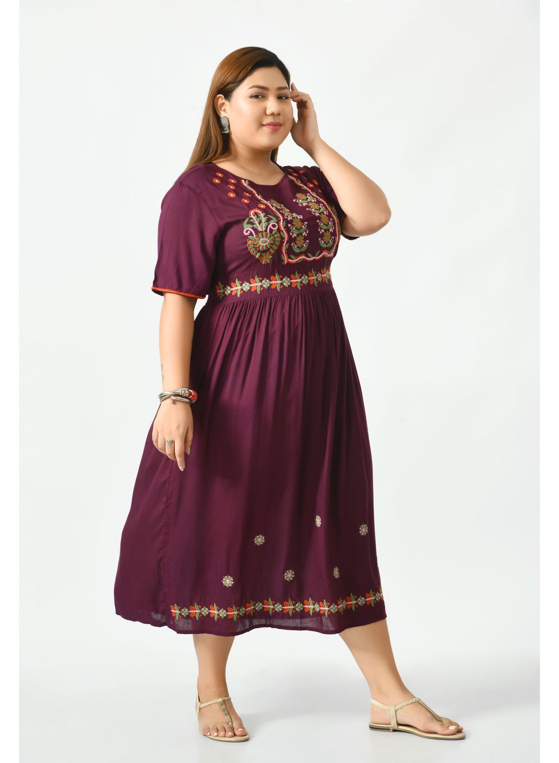 Brown Ethnic Motifs Embroidered A-Line Midi Dress Plus Size
