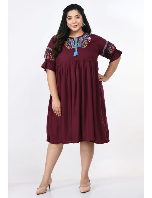 Floral Embroidered Tie-Up Neck A-Line Dress