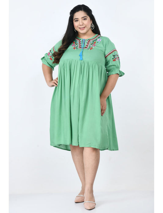 Floral Embroidered Tie-Up Neck A-Line Dress Plus Size