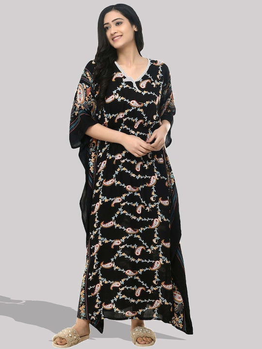 Floral Printed V-Neck Kaftan Dress