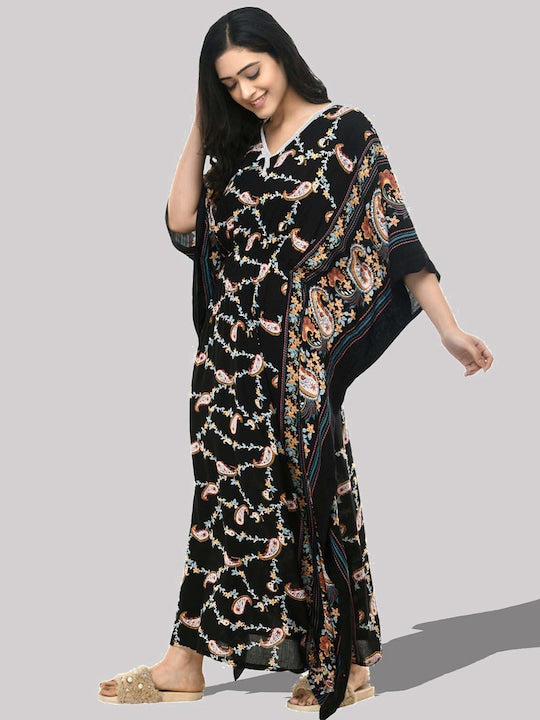 Floral Printed V-Neck Kaftan Dress