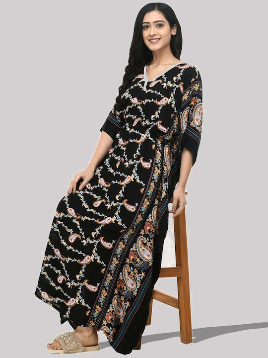 Floral Printed V-Neck Kaftan Dress