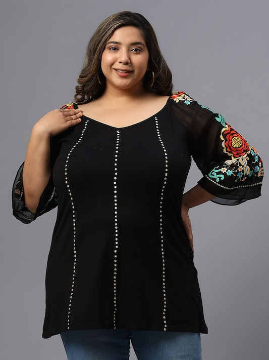 Plus Size Polka Dot Embroidered V-Neck Longline Pure Cotton Top