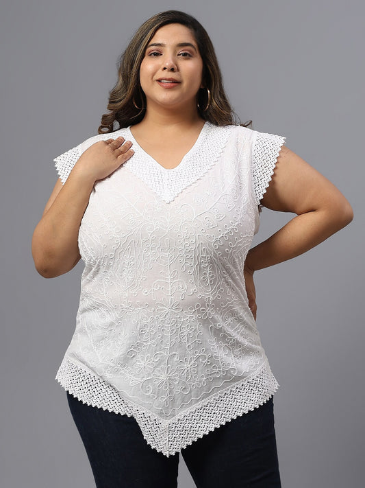 Plus Size Self Design V-Neck Cotton Top