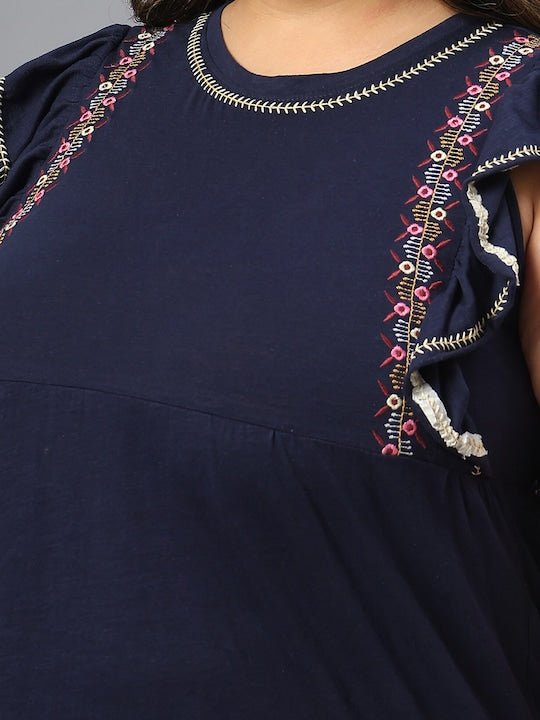 Plus Size Floral Embroidered Sleeveless Ruffles A-Line Midi Dress