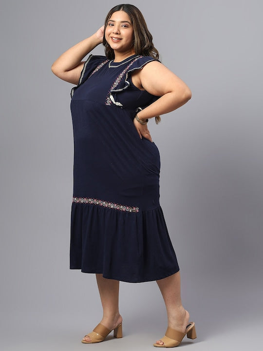 Plus Size Floral Embroidered Sleeveless Ruffles A-Line Midi Dress