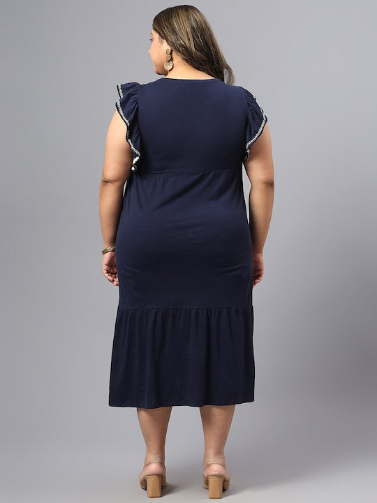 Plus Size Floral Embroidered Sleeveless Ruffles A-Line Midi Dress