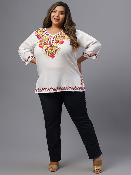 Plus Size Floral Embroidered V-Neck Top