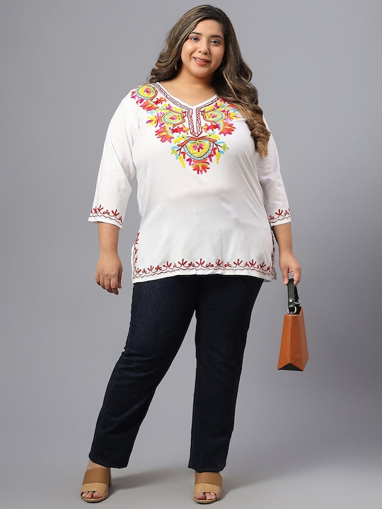 Plus Size Floral Embroidered V-Neck Top