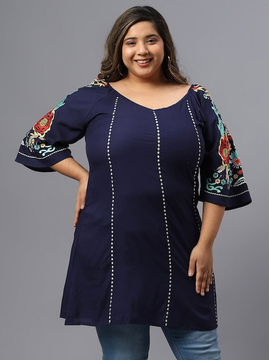 Plus Size Floral Embroidered V-Neck Cotton Longline Top