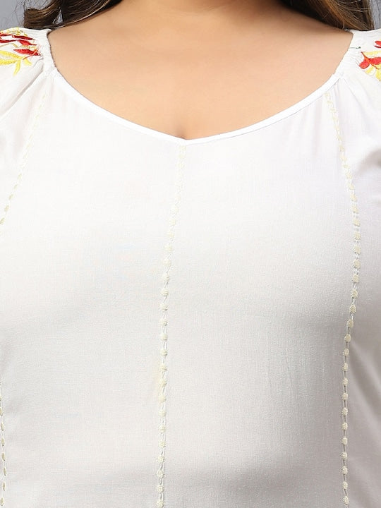 Plus Size Floral Embroidered V-Neck Longline Cotton Top