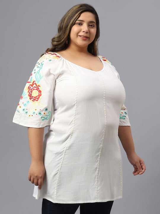Plus Size Floral Embroidered V-Neck Longline Cotton Top