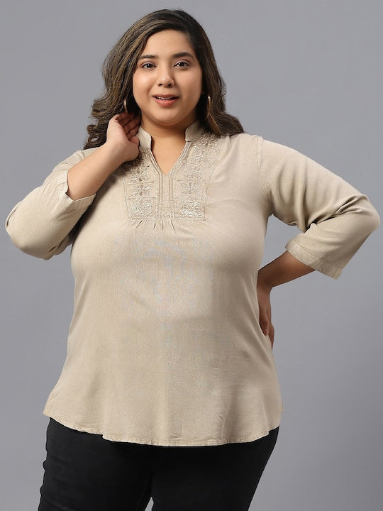 Plus Size Floral Embroidery Mandarin Collar Cotton Regular Top