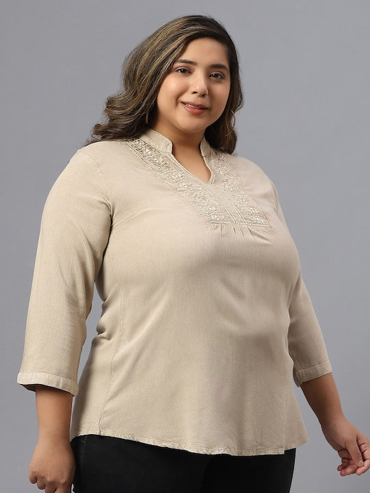 Plus Size Floral Embroidery Mandarin Collar Cotton Regular Top