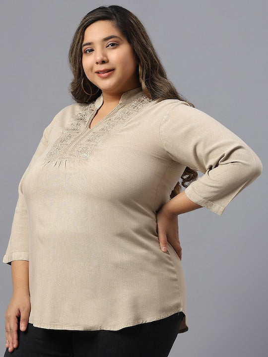 Plus Size Floral Embroidery Mandarin Collar Cotton Regular Top