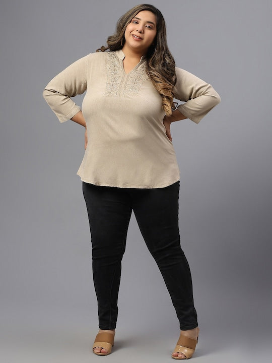 Plus Size Floral Embroidery Mandarin Collar Cotton Regular Top