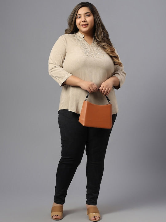 Plus Size Floral Embroidery Mandarin Collar Cotton Regular Top