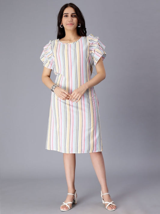 Striped Ruffles Flutter Sleeves Pure Cotton A-Line Dress
