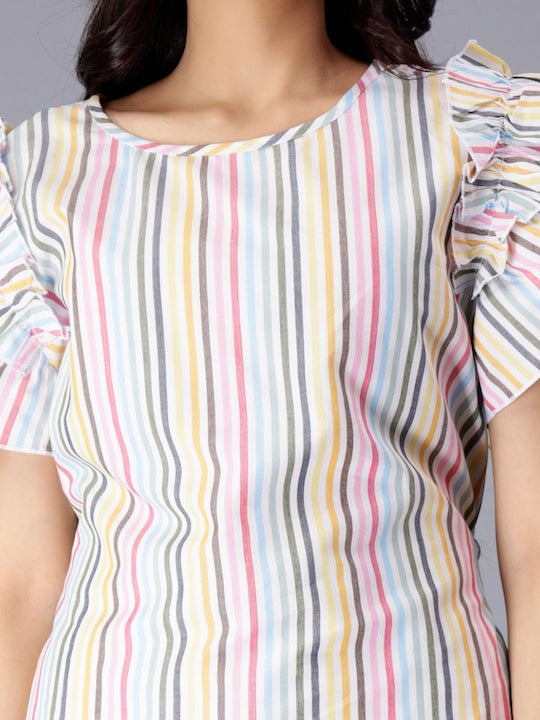 Striped Ruffles Flutter Sleeves Pure Cotton A-Line Dress