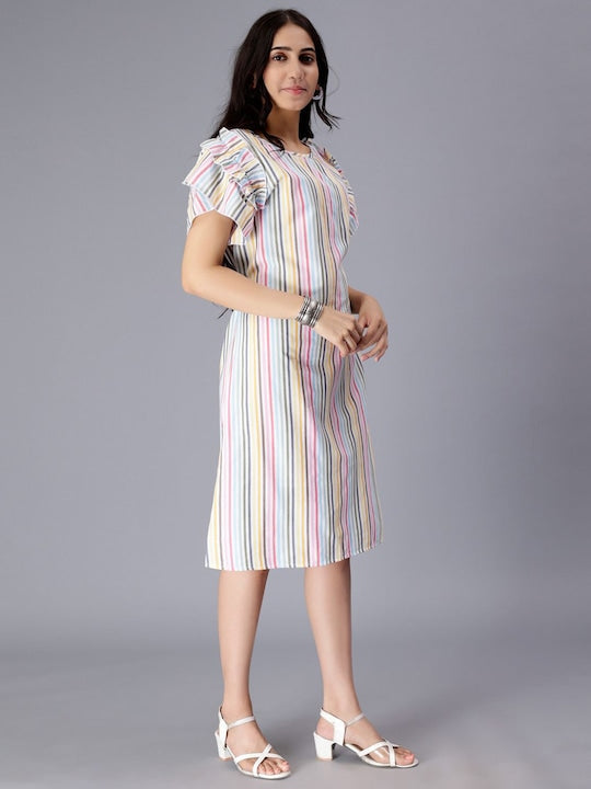 Striped Ruffles Flutter Sleeves Pure Cotton A-Line Dress