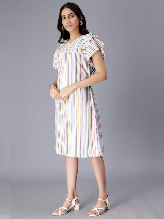 Striped Ruffles Flutter Sleeves Pure Cotton A-Line Dress