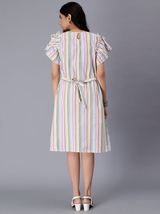 Striped Ruffles Flutter Sleeves Pure Cotton A-Line Dress