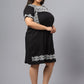 Plus Size Geometric Embroidered Round Neck Gathered Cotton A-Line Dress