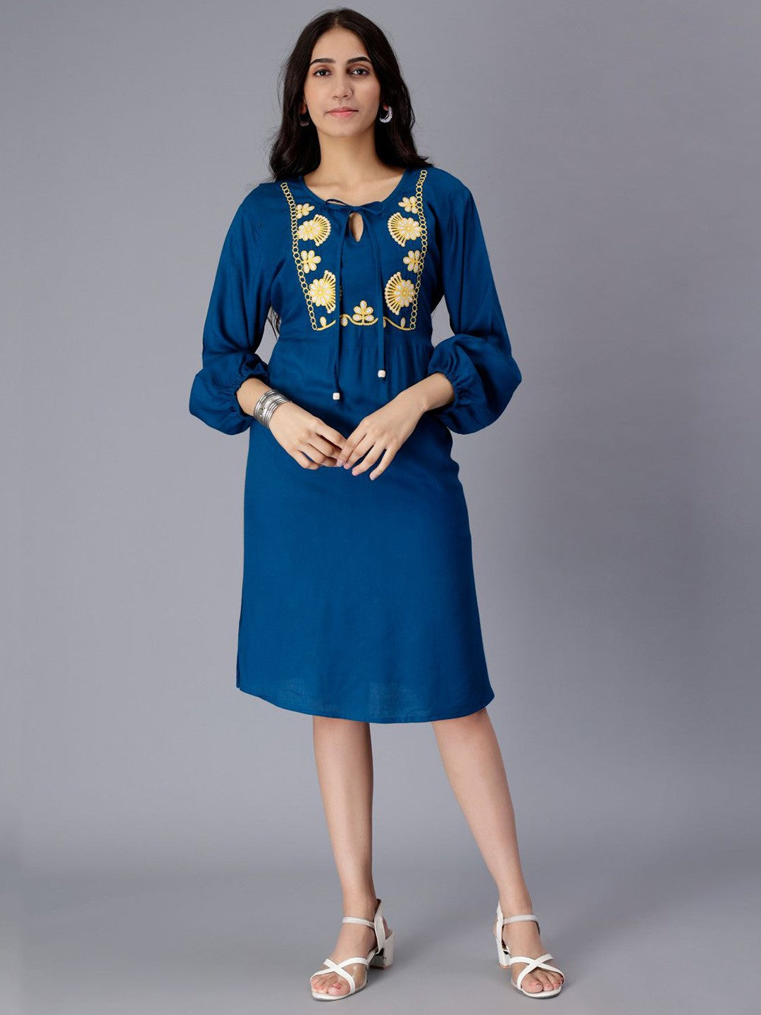 Floral Embroidered Keyhole Neck A-Line Dress