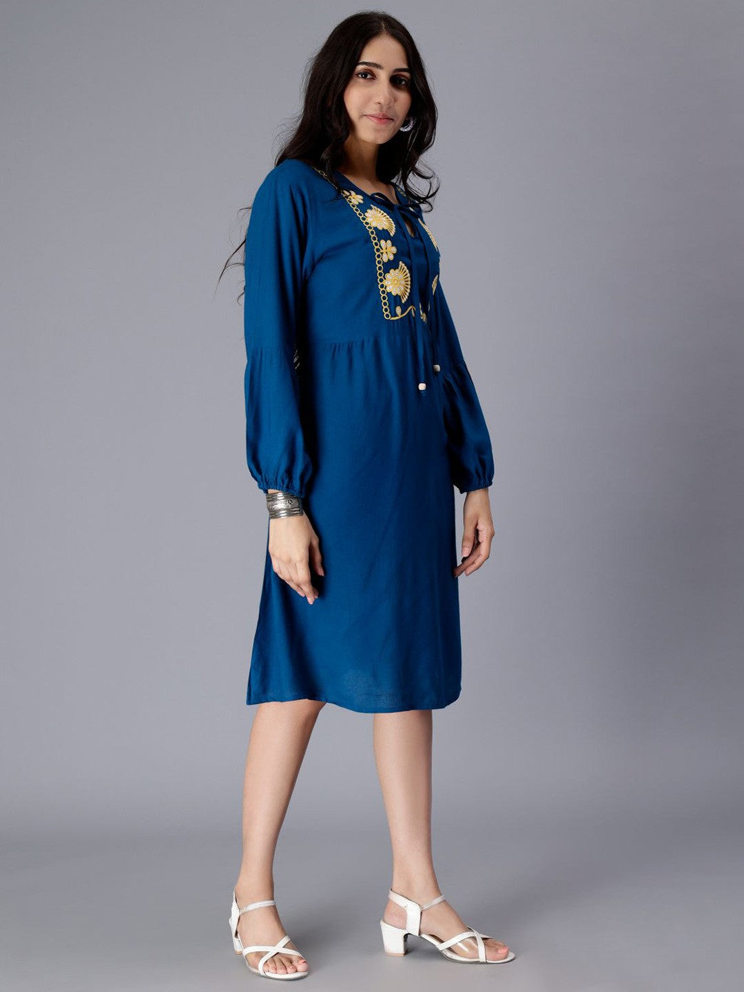 Floral Embroidered Keyhole Neck A-Line Dress