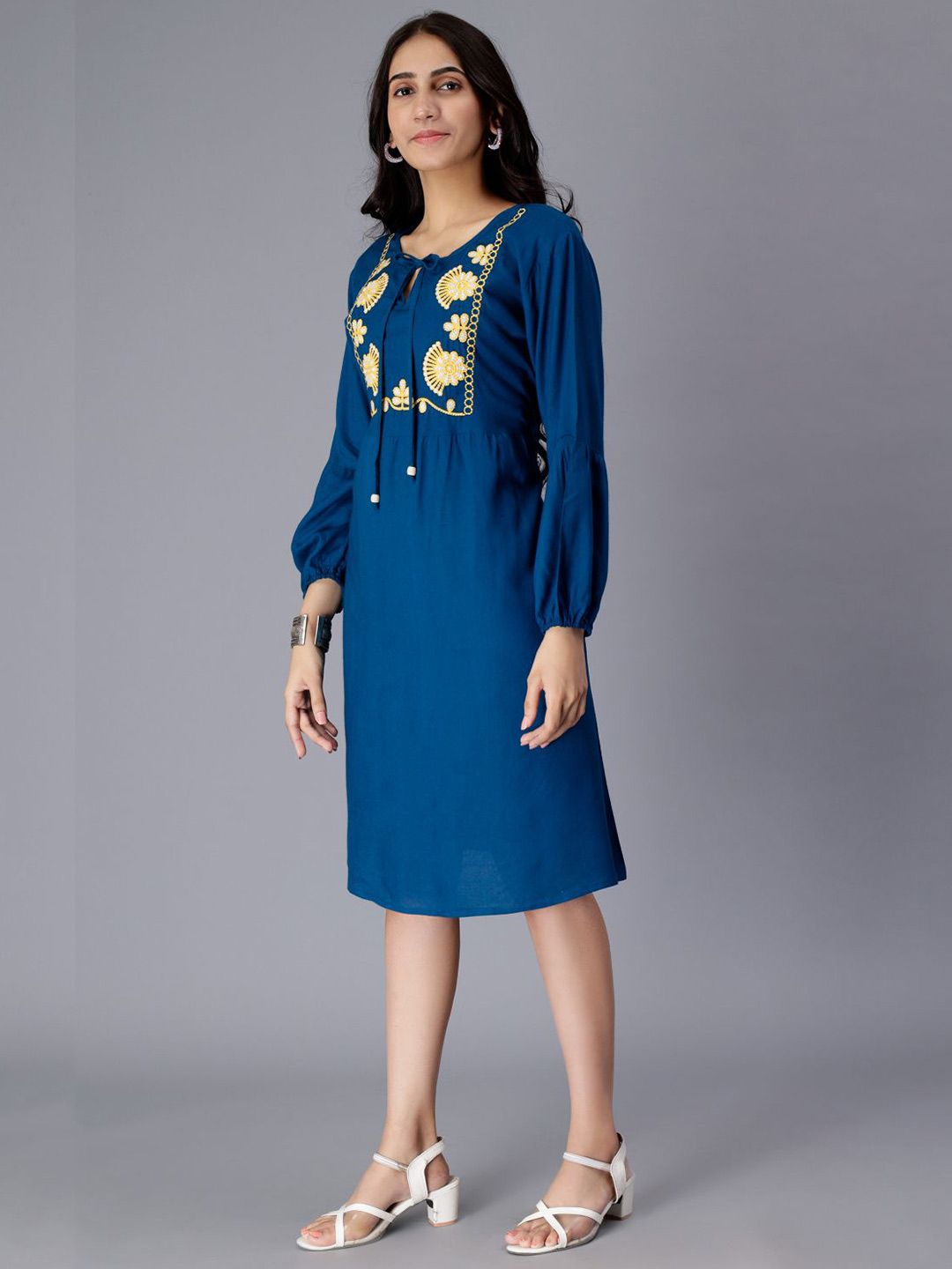 Floral Embroidered Keyhole Neck A-Line Dress