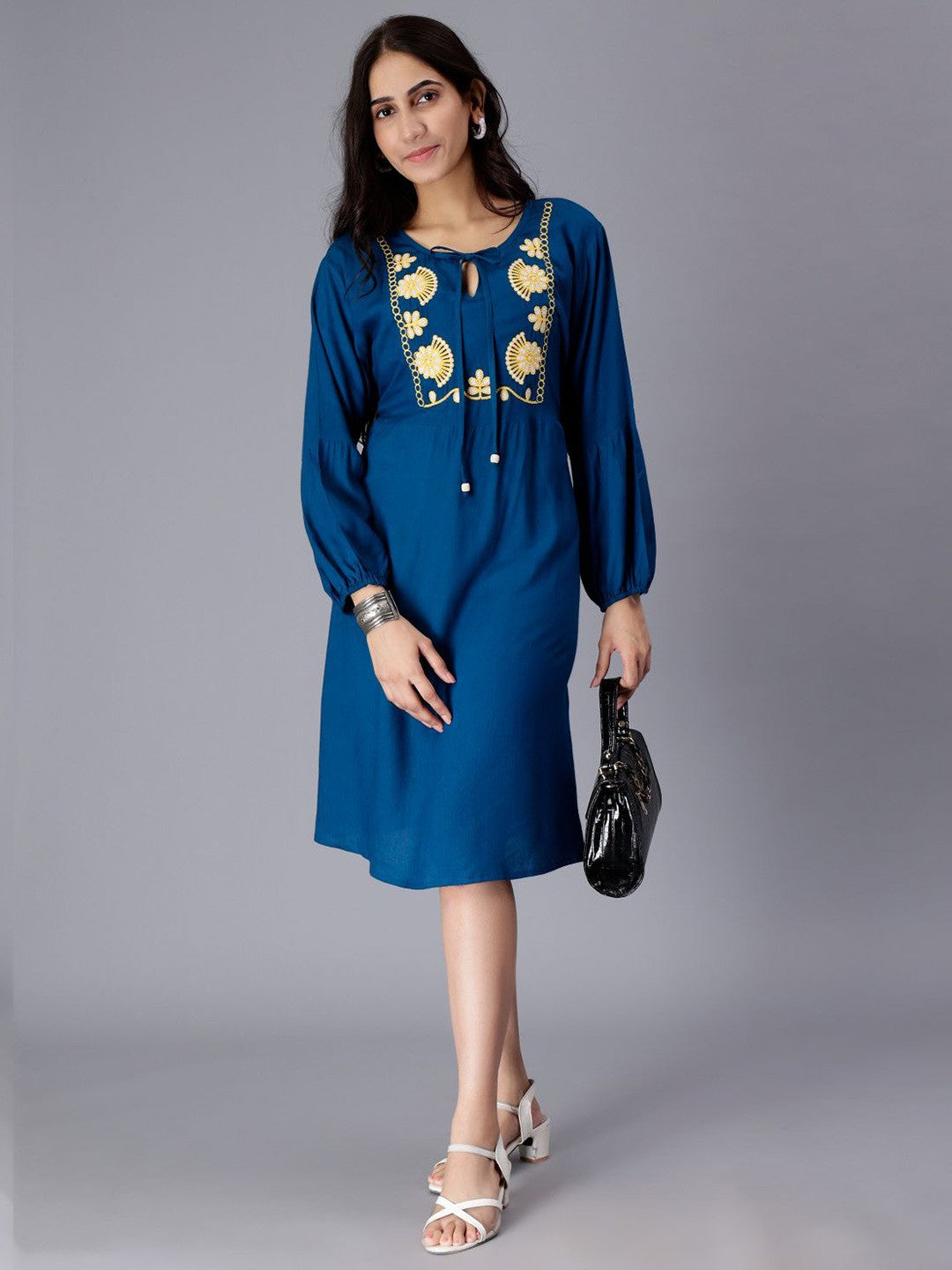 Floral Embroidered Keyhole Neck A-Line Dress