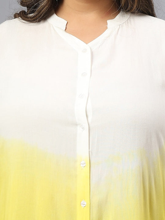 Plus Size Ombre Printed Mandarin Collar Cuffed Sleeves Shirt Dress