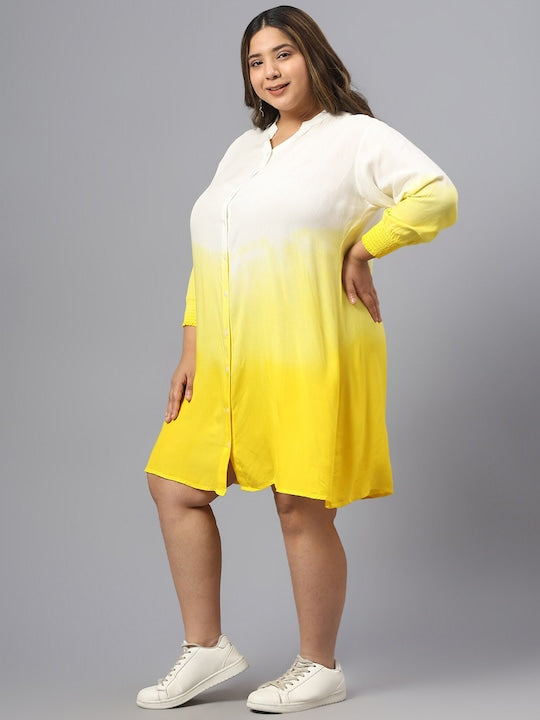 Plus Size Ombre Printed Mandarin Collar Cuffed Sleeves Shirt Dress