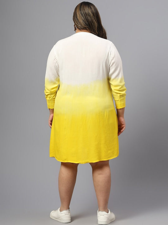 Plus Size Ombre Printed Mandarin Collar Cuffed Sleeves Shirt Dress