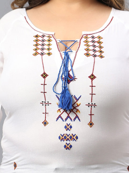Plus Size Geometric Embroidered Tie-Up Neck Cotton Top
