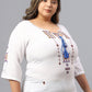 Plus Size Geometric Embroidered Tie-Up Neck Cotton Top