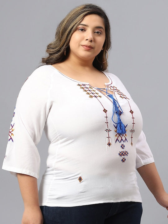 Plus Size Geometric Embroidered Tie-Up Neck Cotton Top