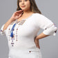 Plus Size Geometric Embroidered Tie-Up Neck Cotton Top